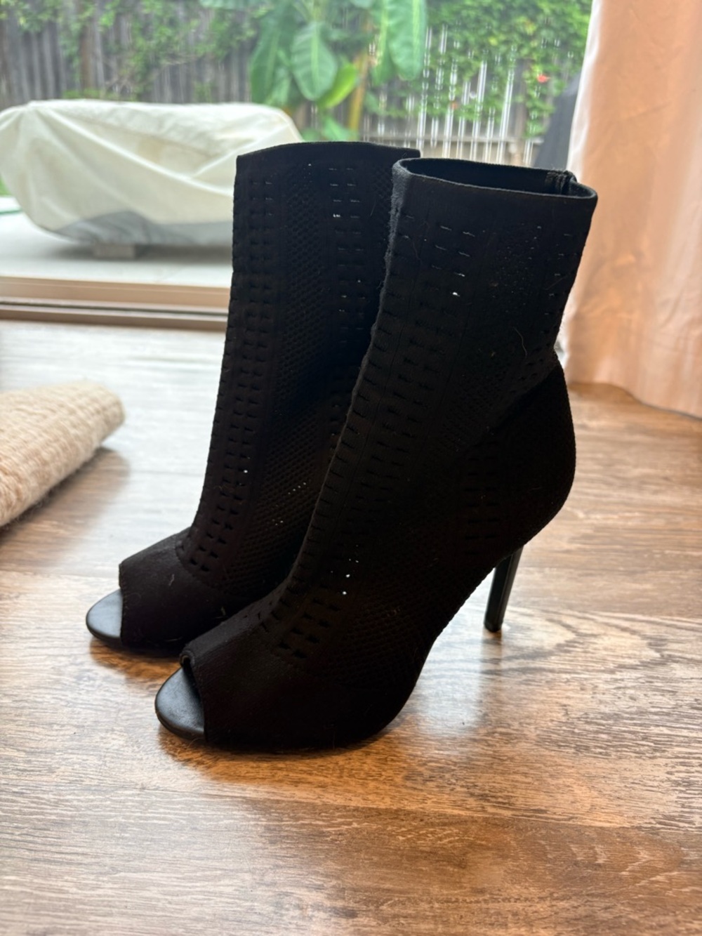 Black Peep-Toe Stretch Knit Heeled Booties